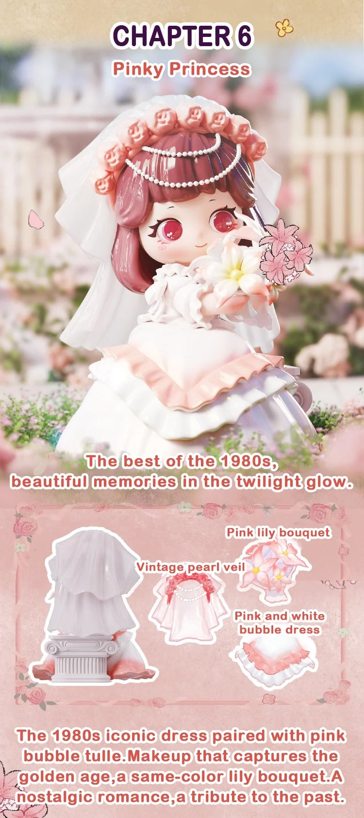 ZIYULI My Own Wedding Series Blind Box featuring “CHAPTER 6: Pinky Princess,” a chibi-figure in an 80s-inspired tulle gown with a pearl-trimmed veil and lily bouquet.