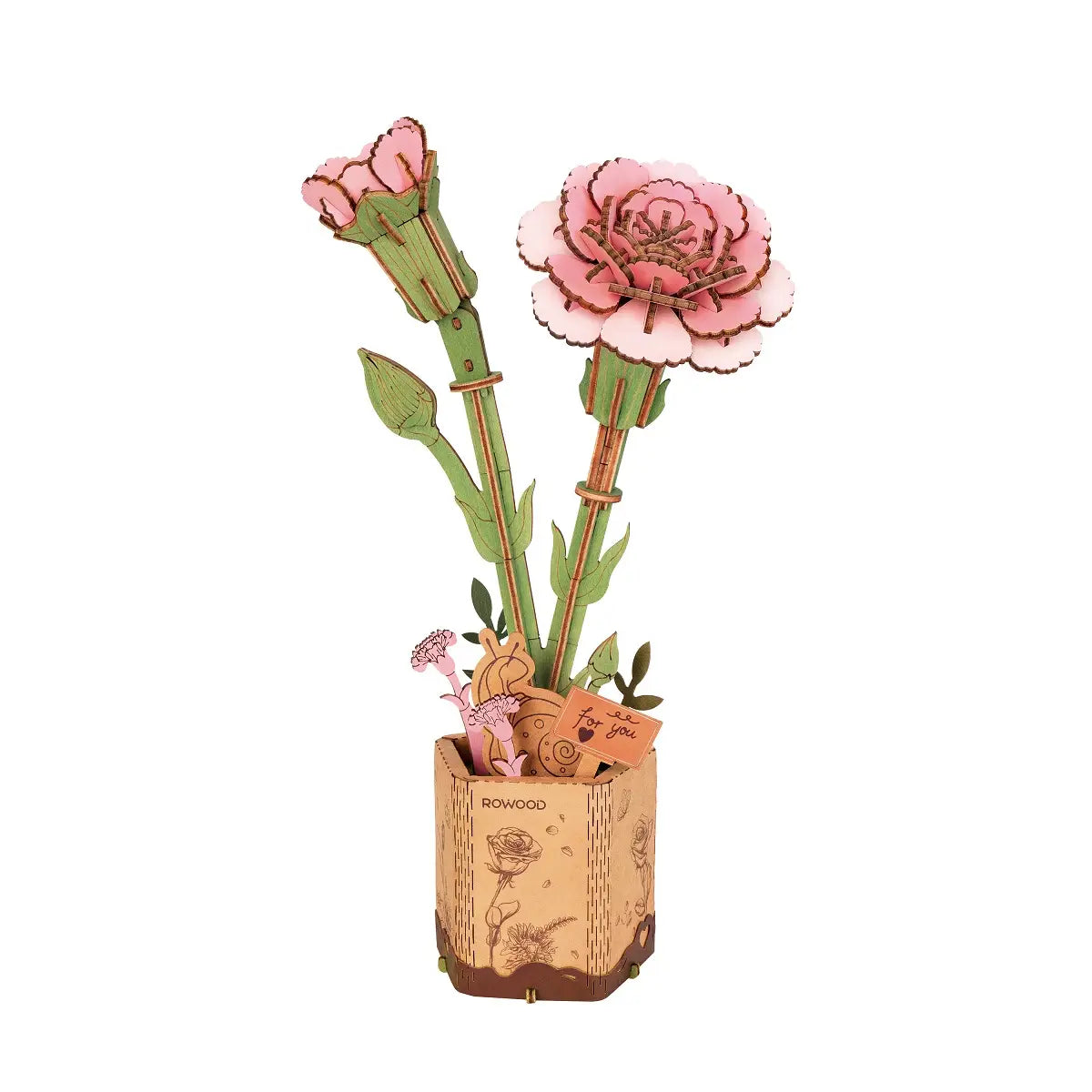 Pink Carnation DIY Wooden Flower 3D Puzzle, featuring 96 wooden pieces, easy assembly, capturing the beauty of blooming flowers for decoration or gifting.