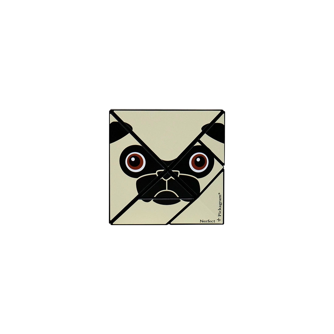 Pug-themed sliding-tile puzzle, Art Pickagram 3D Puzzle X Artist_03 Mr. Walters, featuring playful, segmented pieces forming a pug's face. Collaboration by Nerfect and Pickagram.