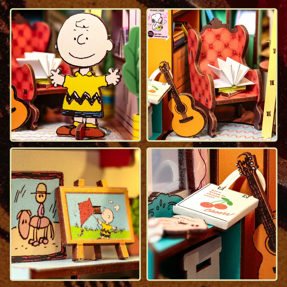 Peanuts Storybook Corner Booknook: A detailed diorama featuring Charlie Brown, miniature guitar, art easels, and snack box, creating a cozy Peanuts-themed scene.