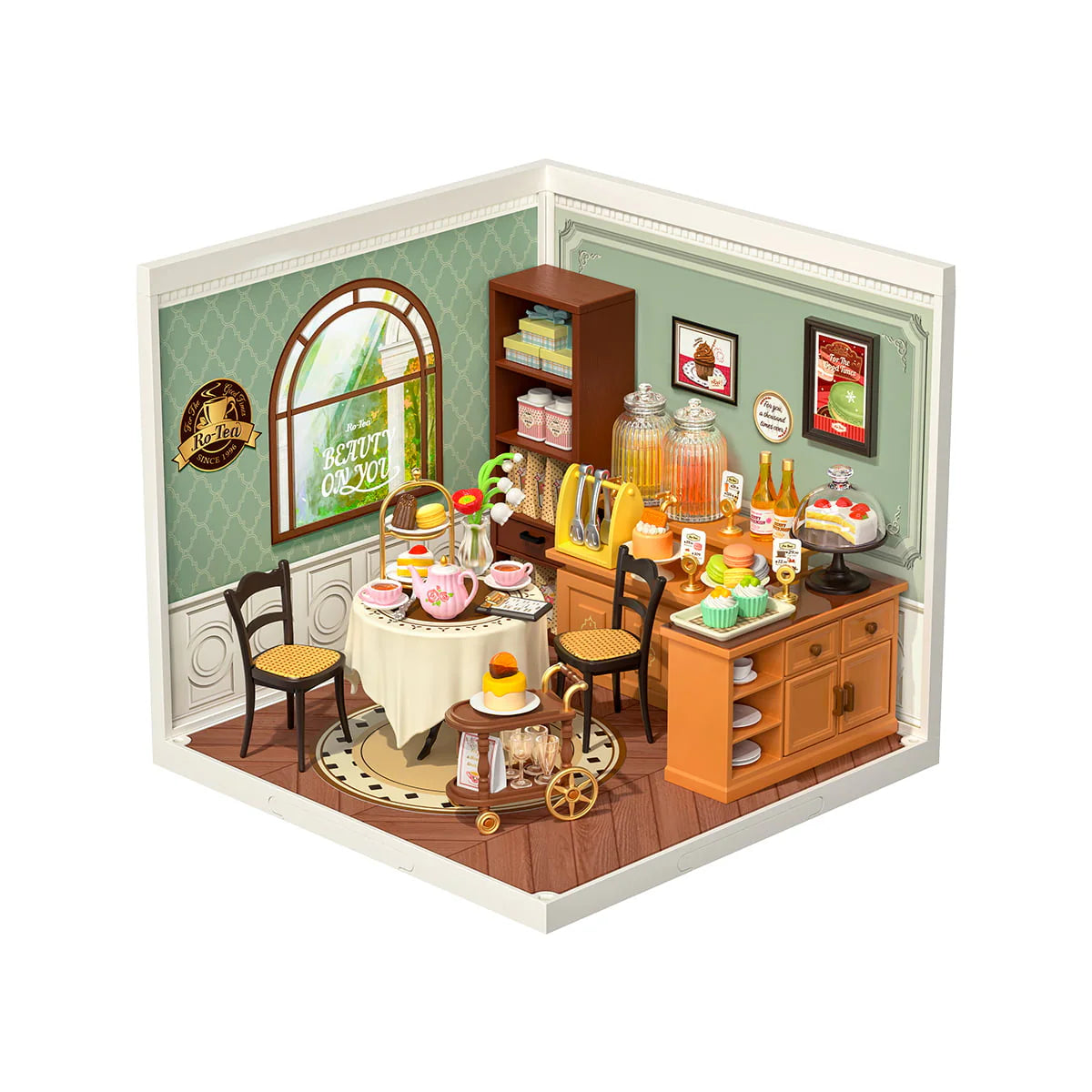 Rolife Sweet Sips Tea DIY Miniature House DW011 showcasing a toy kitchen with table, chairs, and tea set, perfect for creative assembly.