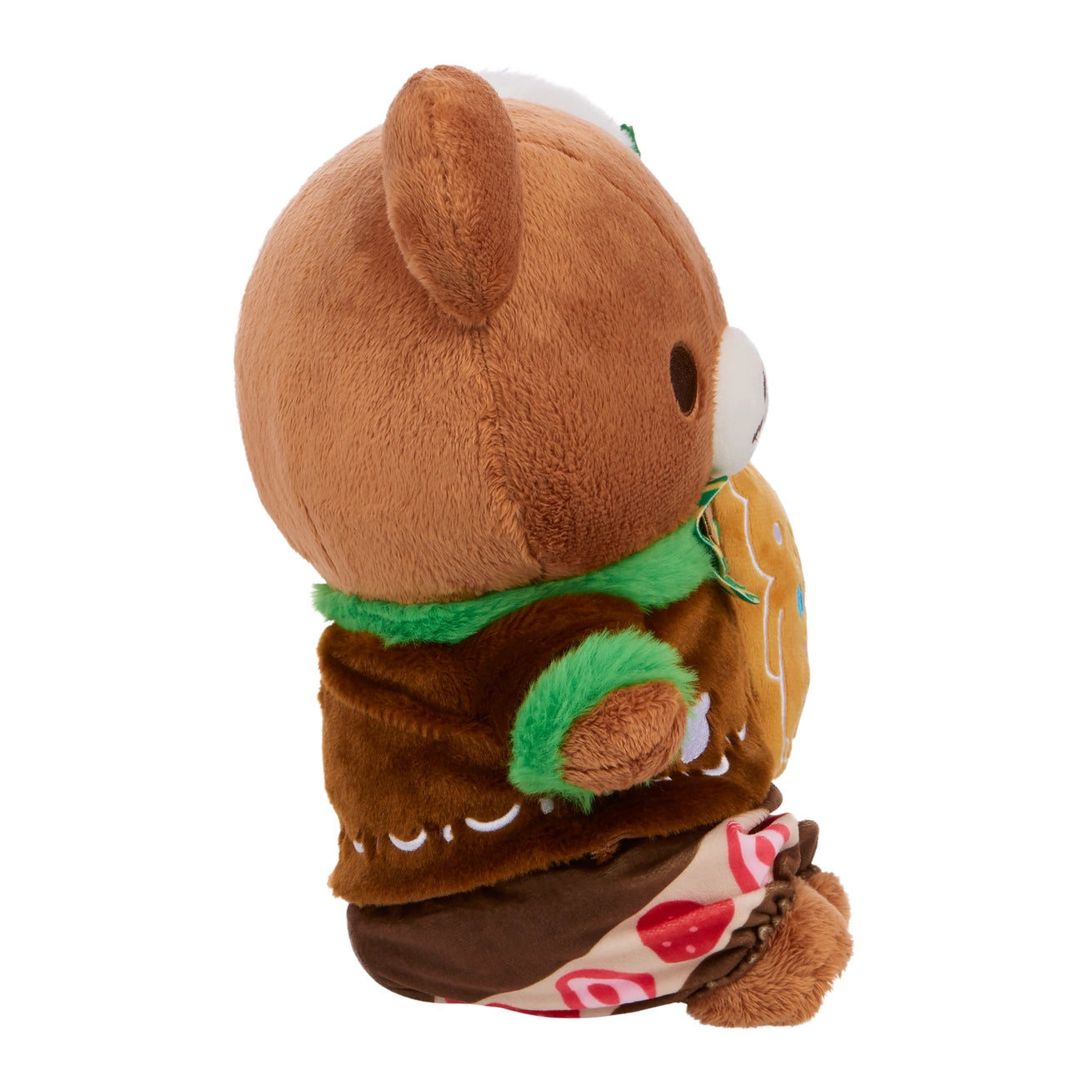 Chairo Holiday Cake Plush, an 11 brown teddy bear plush dressed in a gingerbread-themed outfit, featuring candy-printed fabric and green trim accents.