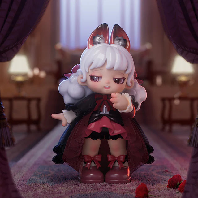Chibi-style Miana The Sleeping Castle Series figurine in gothic-lolita attire with cat ears, posed in a plush parlor setting with red roses.