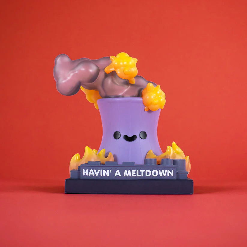 Lil Meltdown Vinyl Figure, featuring a smiling cooling tower amid fiery chaos, available for preorder.