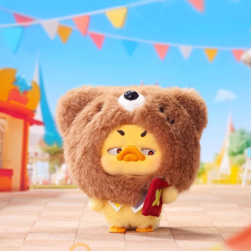 Upset Duck - Pocket Crazy Circus Duck, a yellow duck in a bear hood, holding a red pouch, in a whimsical amusement park setting.