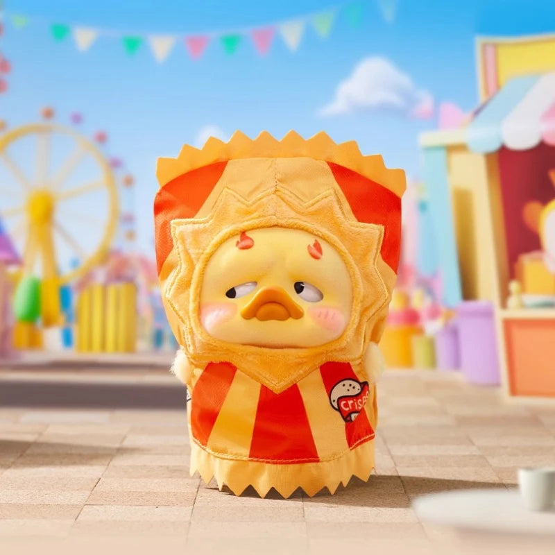 Upset Duck - Pocket Crazy Circus Duck features a bashful chick in a chip-bag costume at a fairground, part of a collectible art toy series.