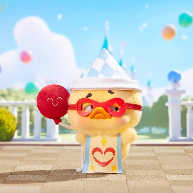 Upset Duck - Pocket Crazy Circus Duck, a whimsical toy featuring a fluffy chick with a cape, mask, and party hat, holding a happy-faced ball.