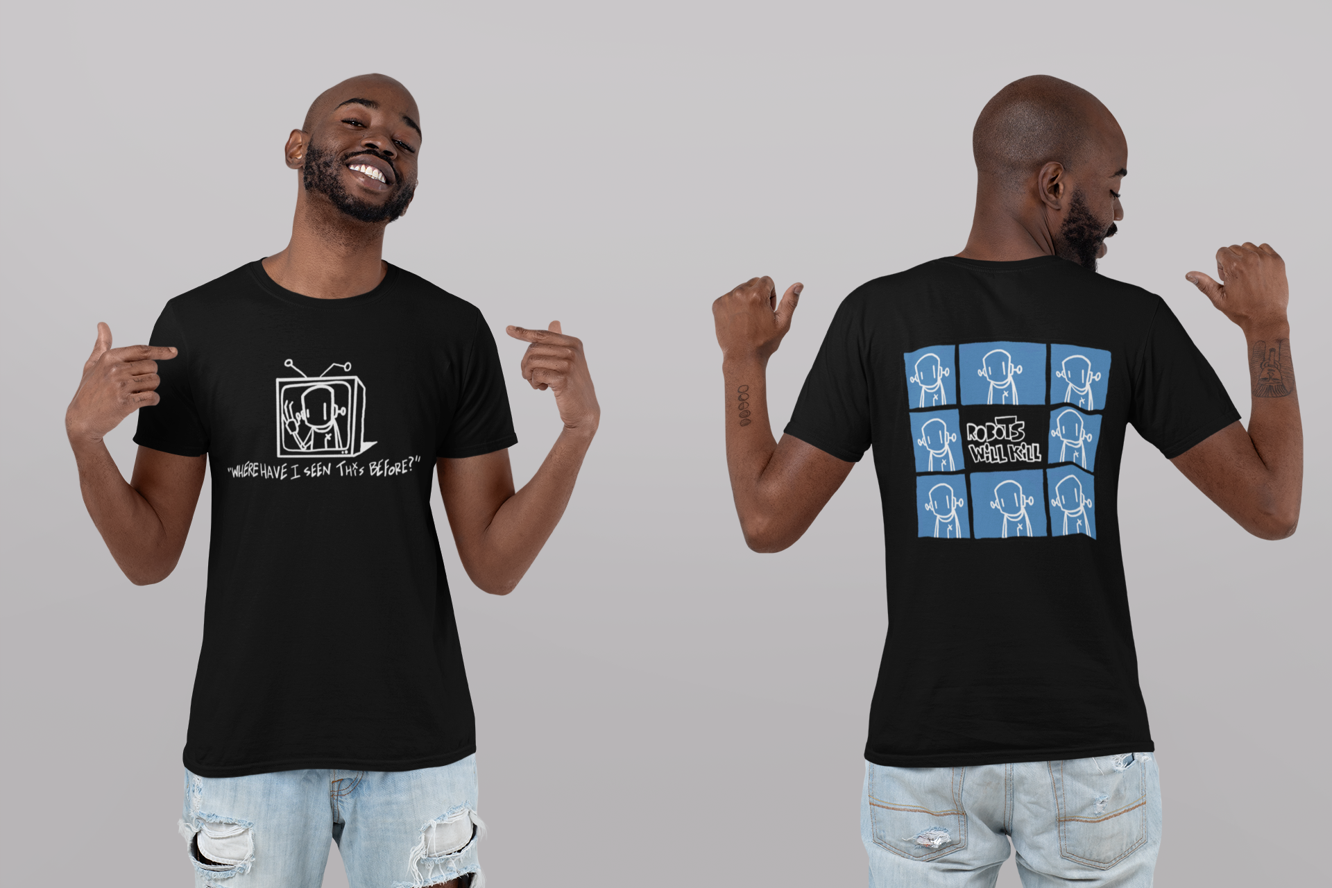 Man pointing at shirt with white robots, person's back pocket, close-up of blue jeans - Shirt by ChrisRWK.