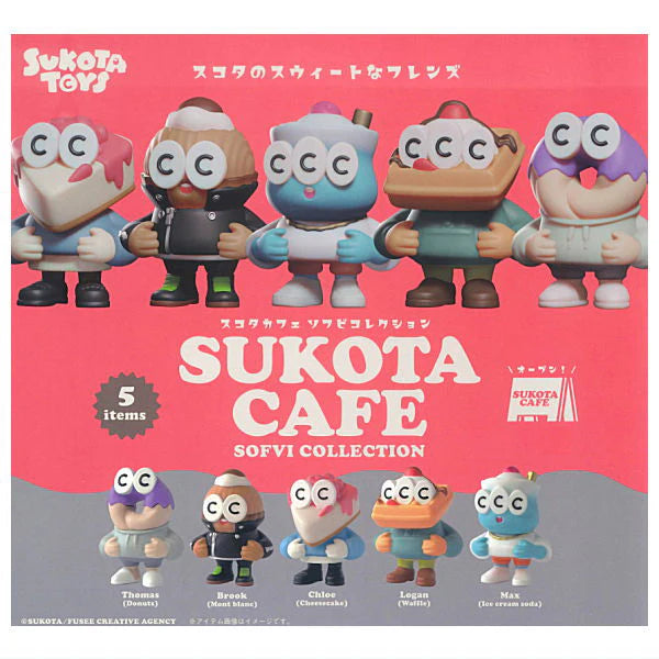 SUKOTA CAFE SOFVI COLLECTION Gacha: Five dessert-themed vinyl figures with “CC” eyes, showcasing donuts, Mont Blanc, cheesecake, waffle, and ice cream soda heads.