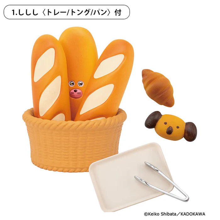 Bread Thief Figure Collection 3rd Edition Gacha: Play-bakery set with toy baguettes, croissant, koala bun, tray, and tongs.