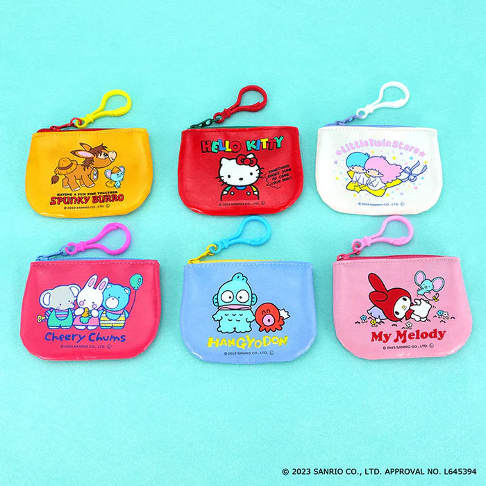 Sanrio Characters Coin Case Gacha Series featuring six vibrant pouches, each with a beloved Sanrio character and clip, perfect for art toy enthusiasts.