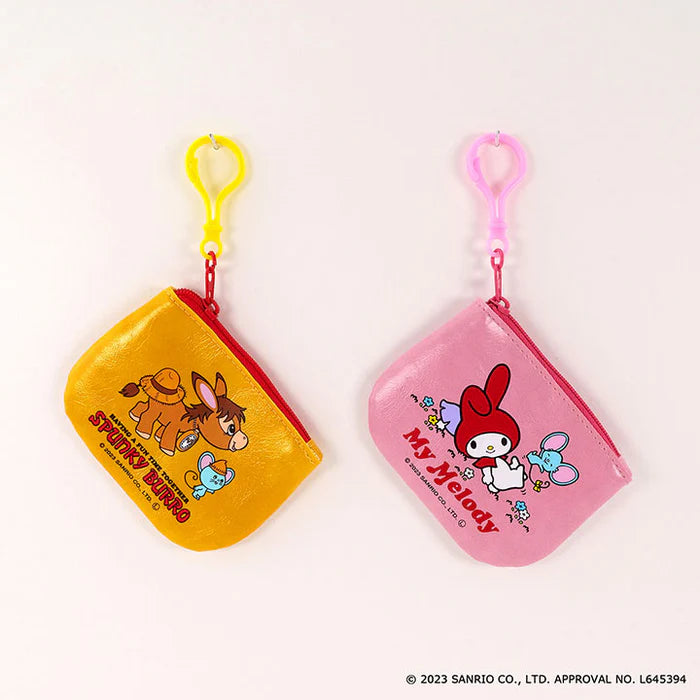 Sanrio Characters Coin Case Gacha Series features zip-pocket keychain pouches with heart clips, showcasing Spunky Burro and My Melody designs.