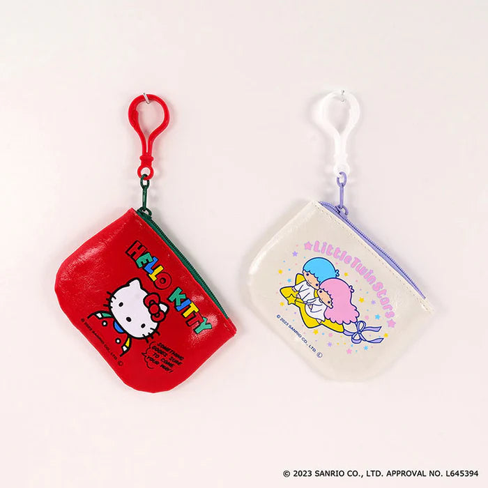 Sanrio Characters Coin Case Gacha Series: two vinyl pouches featuring Hello Kitty and Little Twin Stars, each with a clip for easy attachment.