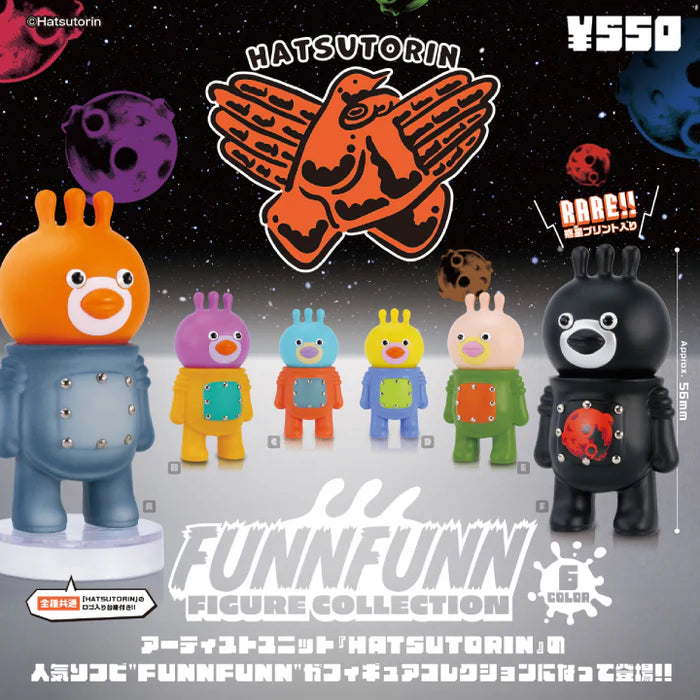 FUNNFUNN Figure Collection Blind Box featuring a variety of cartoon-themed toys displayed on a poster, highlighting four unique designs.
