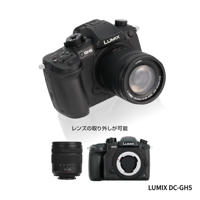 Panasonic LUMIX Miniature Collection Gacha: GH5 mirrorless camera with detachable zoom lens, highlighting lens removability with Japanese text.