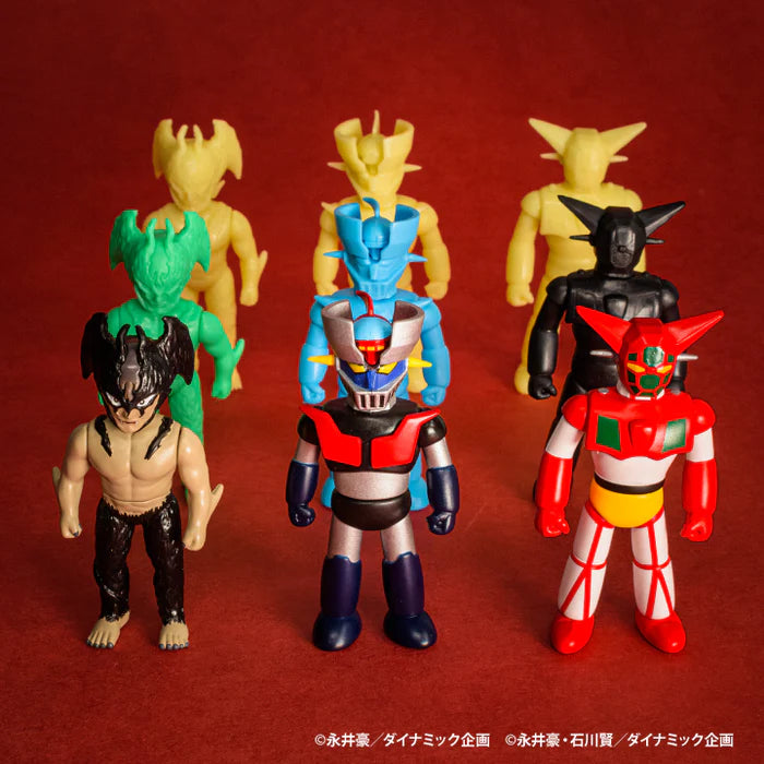 Go Nagai Heroes Ball Chain Mascot Gacha Series featuring painted sofubi figures: Devilman, Mazinger Z, and a Getter-type robot with unpainted prototypes behind.