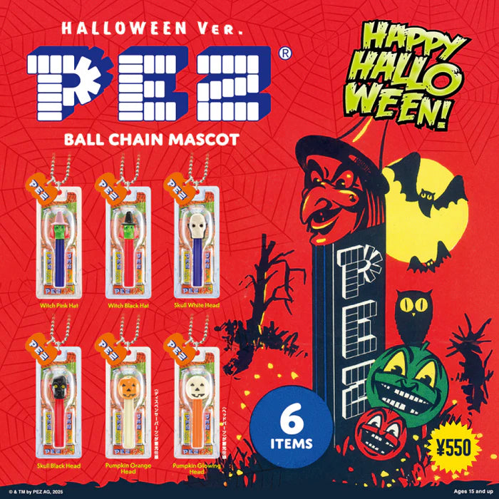 PEZ Ball Chain Mascot Halloween Ver. Gacha Series features six spooky designs, available for ¥550, each sold as a random solid ball-chain dispenser.