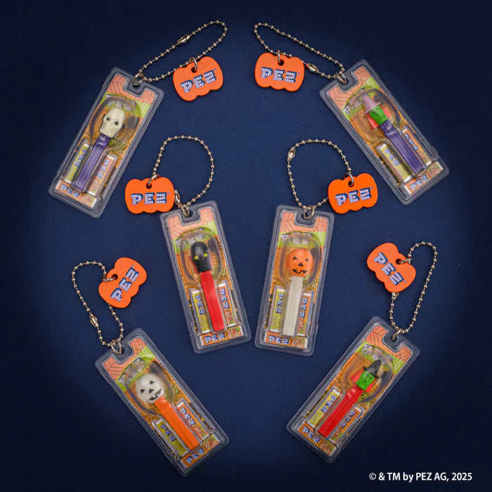 PEZ Ball Chain Mascot Halloween Ver. Gacha Series: Eight sealed dispensers with spooky characters, keyring, and candy, offering a blind box experience.