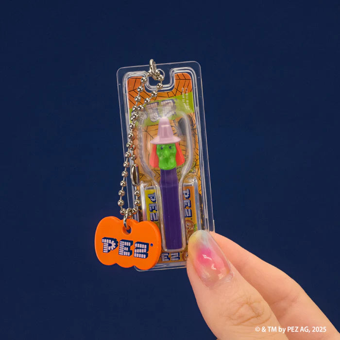 PEZ Ball Chain Mascot Halloween Ver. Gacha Series: Mini witch PEZ dispenser with candy packs, in blister packaging on a silver chain with an orange tag.