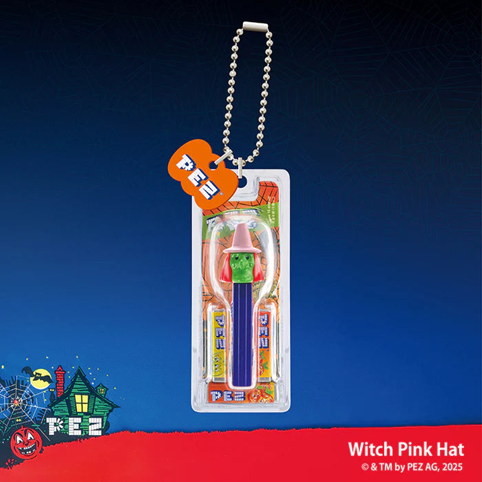 PEZ Ball Chain Mascot Halloween Ver. Gacha Series in blister pack with witch-themed dispenser, candy refills, and keychain, featuring Halloween card art.