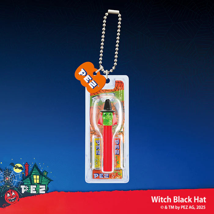 PEZ Ball Chain Mascot Halloween Ver. Gacha Series featuring a witch-themed dispenser, candy refills, and key ring, unopened in themed packaging.