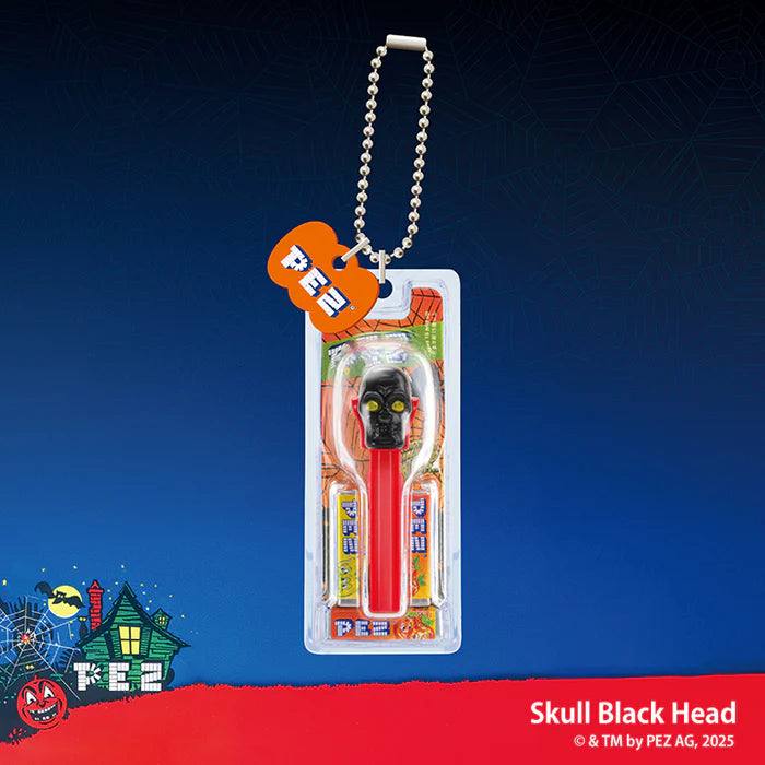 PEZ Ball Chain Mascot Halloween Ver. Gacha Series: Black skull head on red dispenser, in packaging with three candy packs and keyring.
