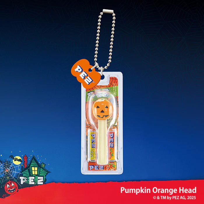 PEZ Ball Chain Mascot Halloween Ver. Gacha Series: Jack-o’-lantern PEZ dispenser with keyring, in packaging, includes two candy refills.