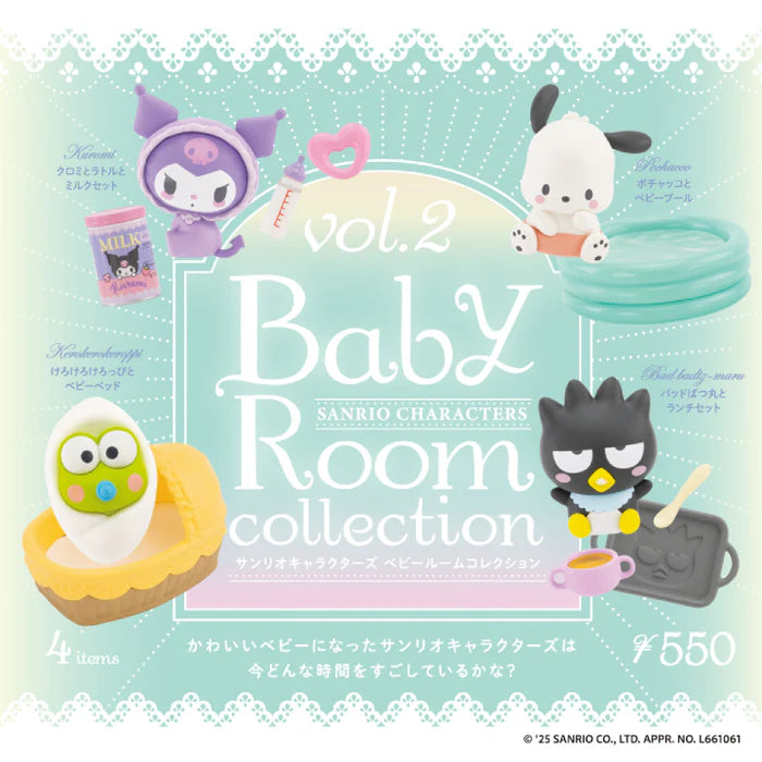 Sanrio Characters Baby Room Collection 2nd Edition Gacha Series featuring mini figures of Kuromi, Pochacco, Keroppi, and Bad Badtz-Maru.