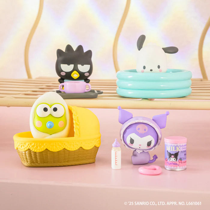 Sanrio Characters Baby Room Collection 2nd Edition Gacha Series featuring Keroppi, Kuromi, Badtz-Maru, and Pochacco with matching props.