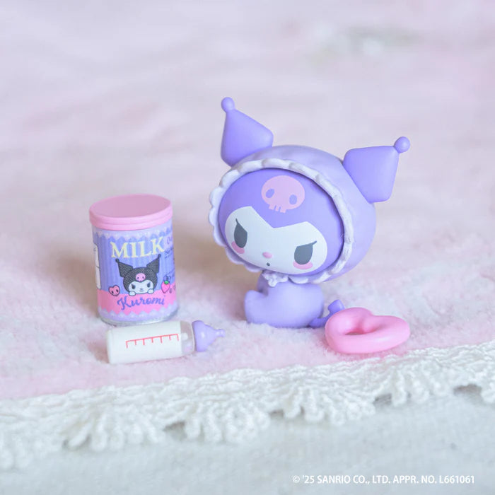 Sanrio Characters Baby Room Collection 2nd Edition Gacha Series featuring chibi Kuromi figure with milk canister, baby bottle, and heart-shaped pacifier.