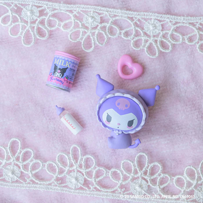 Sanrio Characters Baby Room Collection 2nd Edition Gacha Series: Kuromi vinyl figure with nursery props, including a milk tin, baby bottle, and heart accessory.