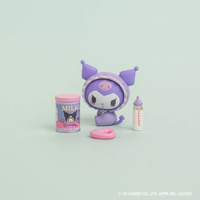 Sanrio Characters Baby Room Collection 2nd Edition Gacha Series featuring Kuromi vinyl figure in purple baby-hood outfit with baby-themed accessories.