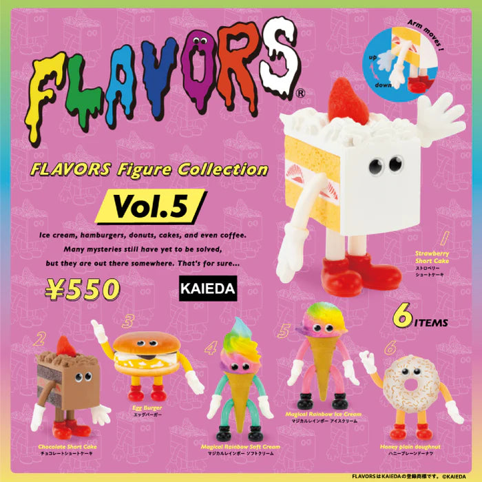 FLAVORS Figure Collection Vol.5 Gacha Series features six cute, googly-eyed food-themed figures with movable arms, sold blind-boxed at Strangecat Toys.