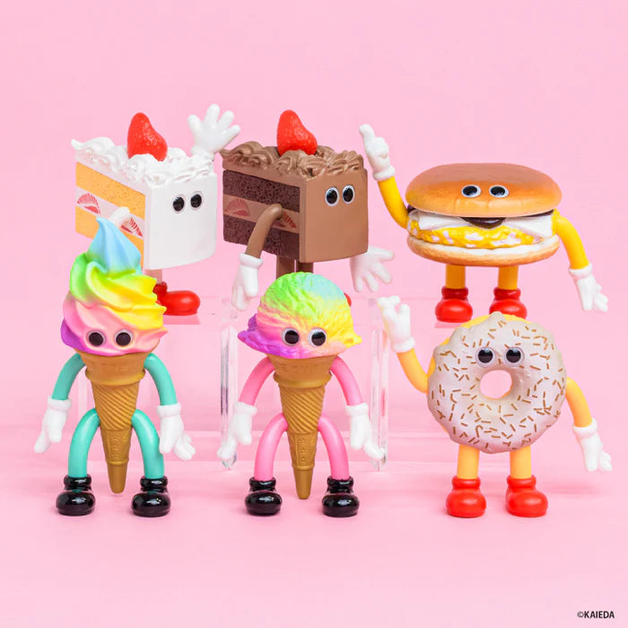 FLAVORS Figure Collection Vol.5 Gacha Series: Six whimsical snack-themed toy figures with eyes, arms, and legs, posed against a pink backdrop, part of Strangecat Toys' blind box offerings.
