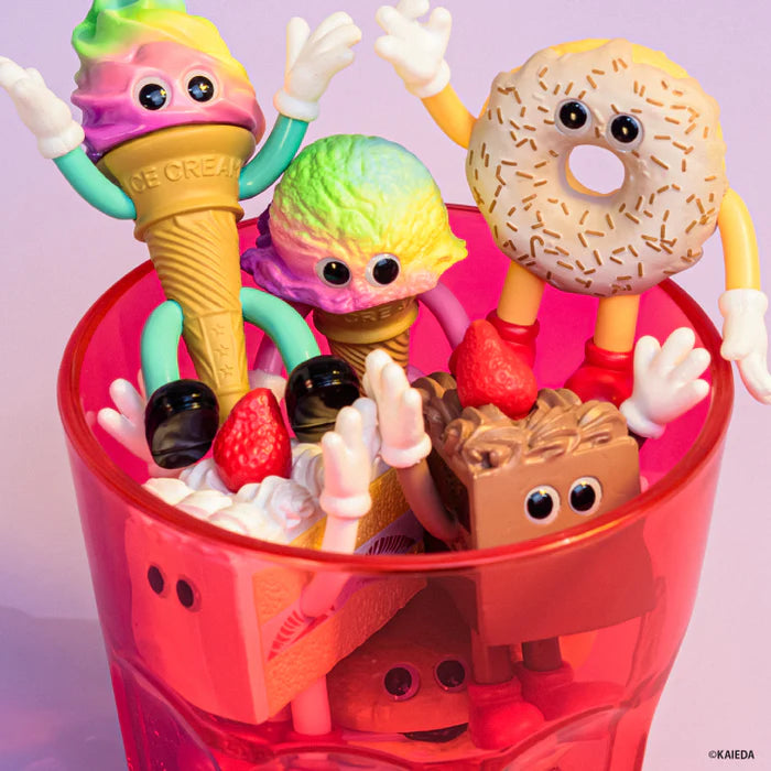 FLAVORS Figure Collection Vol.5 Gacha Series featuring whimsical dessert-themed toy figures in a red cup, including ice cream cones, doughnut, and chocolate characters.