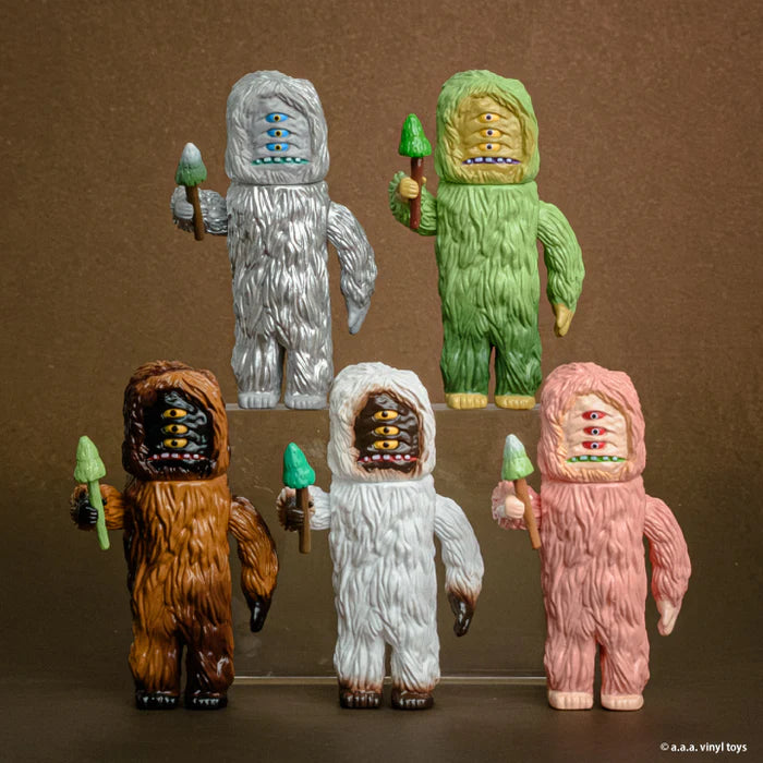 Big Wood Figure Collection Gacha Series: Five shaggy, multi-eyed monster figurines with tree staffs in assorted colors, showcasing unique vinyl art toy designs.