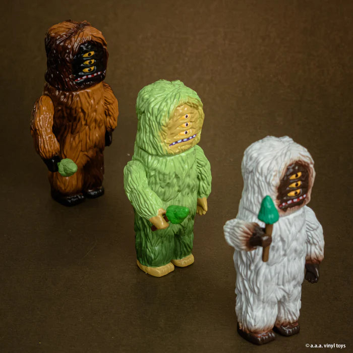 Big Wood Figure Collection Gacha Series: three collectible vinyl monsters holding green foliage, showcasing unique designs in a blind box style from Strangecat Toys.