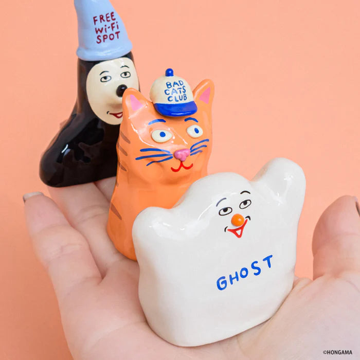HONGAMA miniature collection Gacha Series features whimsical ceramic figures, including a ghost, cat, and creature, perfect for collectors of unique art toys.