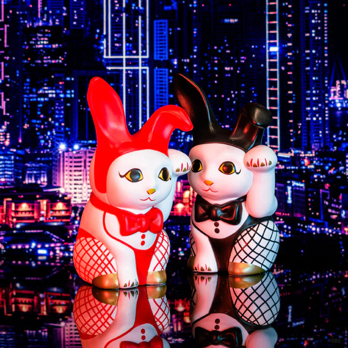 Two maneki-neko figurines in bunny-ear costumes and fishnet leggings, part of the Contemporary Art: Private Maneki-neko Gacha Series.