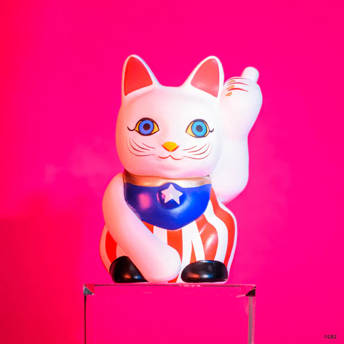 Contemporary Art: Private Maneki-neko Gacha Series figurine with a U.S. flag motif, featuring a raised paw, symbolizing luck in a unique blind box collection.