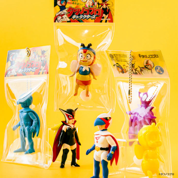 Tatsunoko Productions Characters Ball Chain Mascot Gacha Series in packaging, featuring vintage-style key-chain figures like the bee-person mascot and Science Ninja Team Gatchaman.