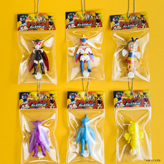 Tatsunoko Productions Characters Ball Chain Mascot Gacha Series featuring six iconic anime figures, each sealed in clear packaging with colorful header cards.