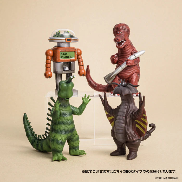 Takuma Fujisaki's 3D Monster Encyclopedia: Four collectible kaiju and retro sci-fi vinyl figures displayed, featuring robots and creatures from Tokyo Monster Universe Vol. 2 Gacha.