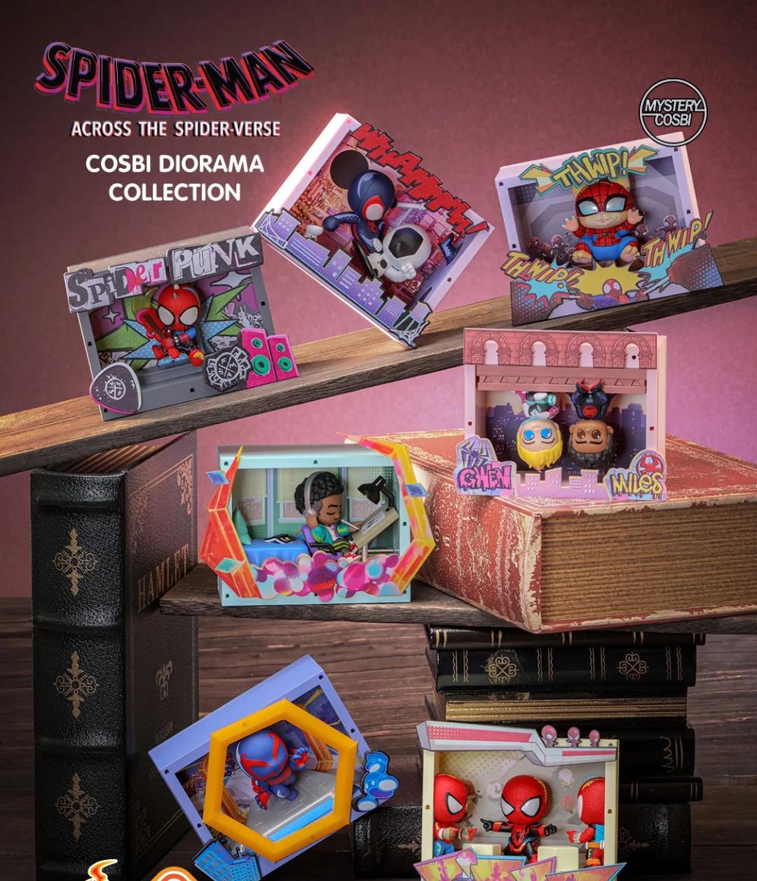 Spider-Man: Across the Spider-Verse COSBI Scene Mini Figures Blind Box showcases six pop-style dioramas featuring unique Spider-Verse character scenes on book stacks.