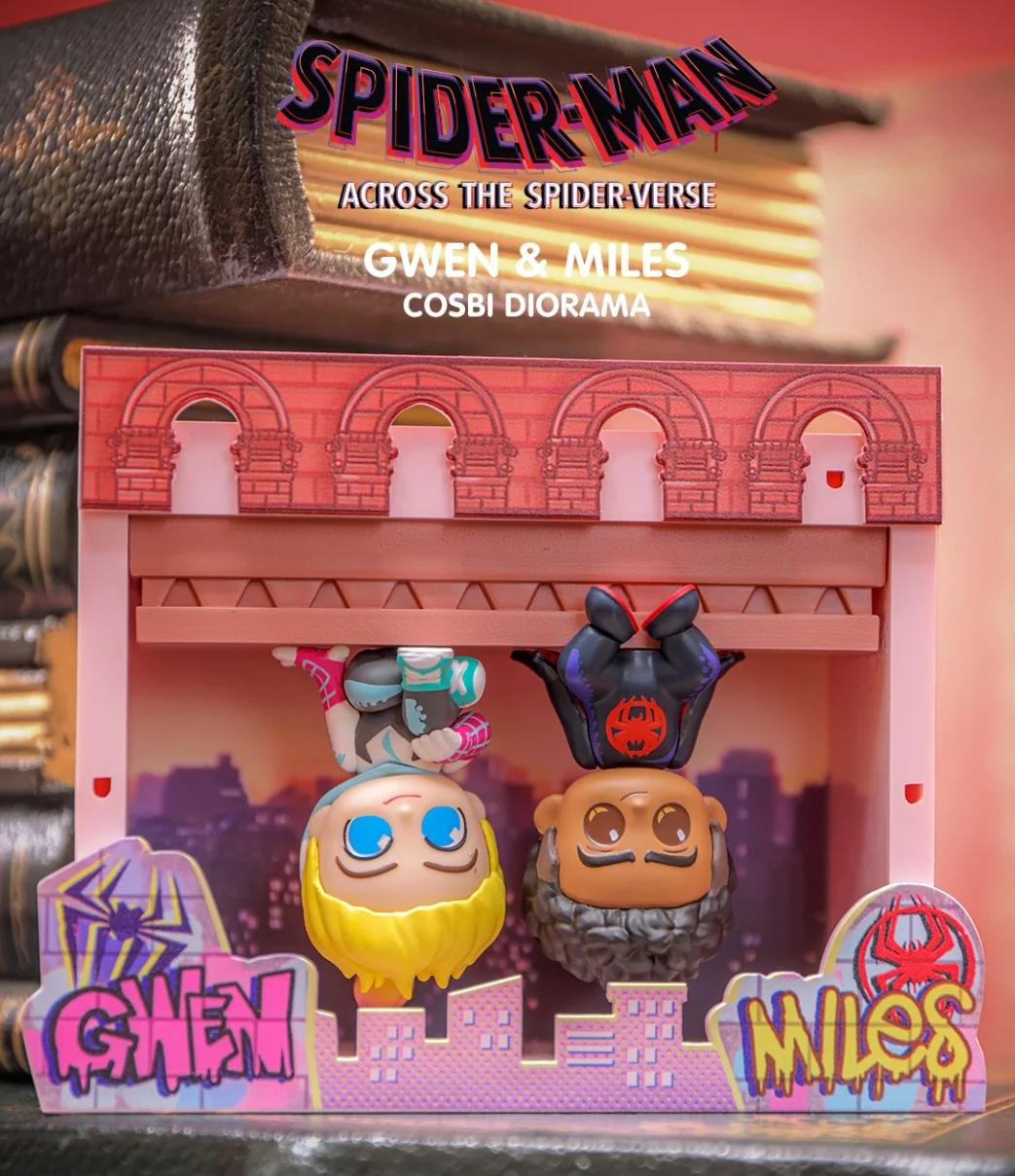 Spider-Man: Across the Spider-Verse COSBI Scene Mini Figures Blind Box featuring chibi Gwen Stacy and Miles Morales posed upside-down in a cityscape diorama.