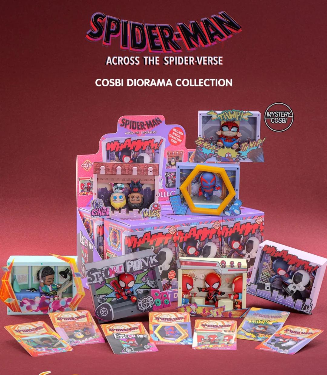 Spider-Man: Across the Spider-Verse COSBI Scene Mini Figures Blind Box display featuring stylized dioramas and collectible cards at Strangecat Toys.