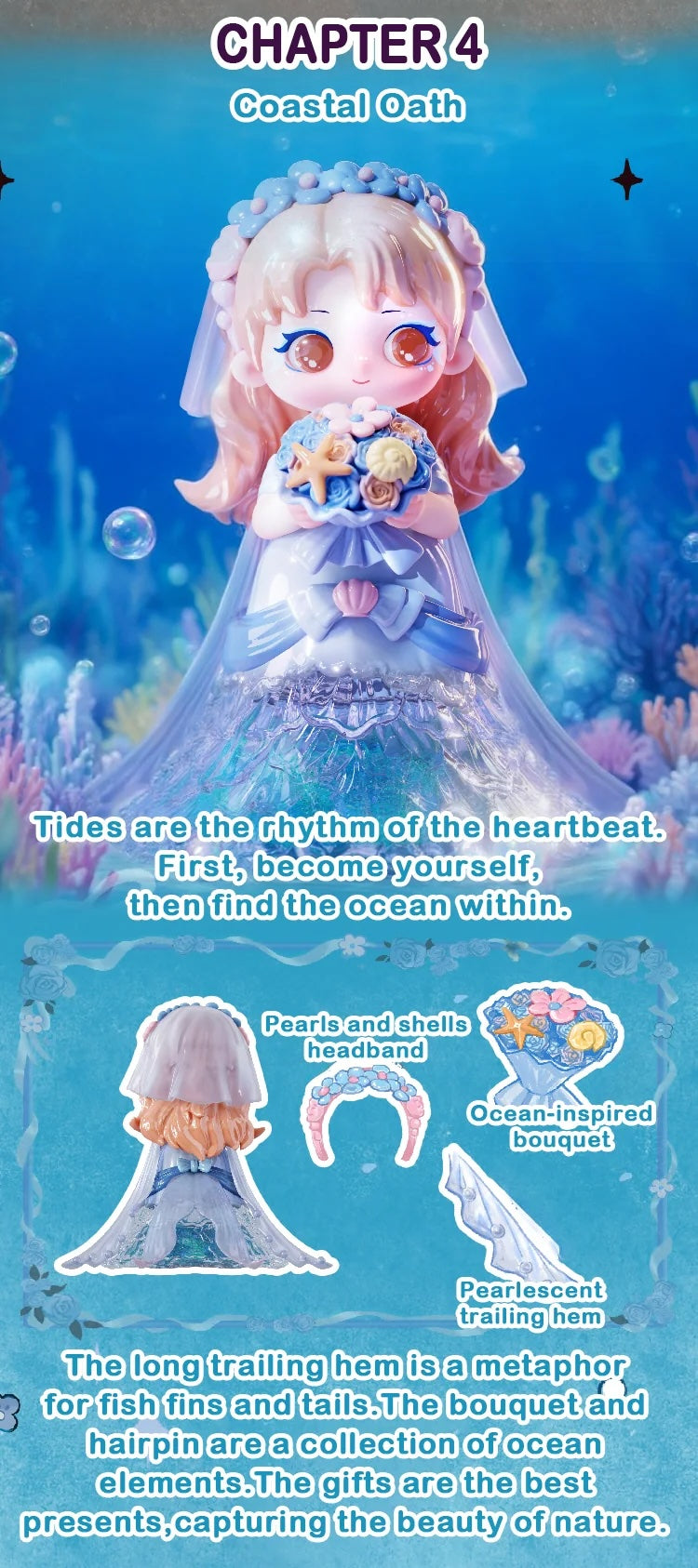 ZIYULI My Own Wedding Series Blind Box: Chibi figurine in ocean-themed gown with shell bouquet, pearls headband, and fin-like hem, set on seafloor backdrop.