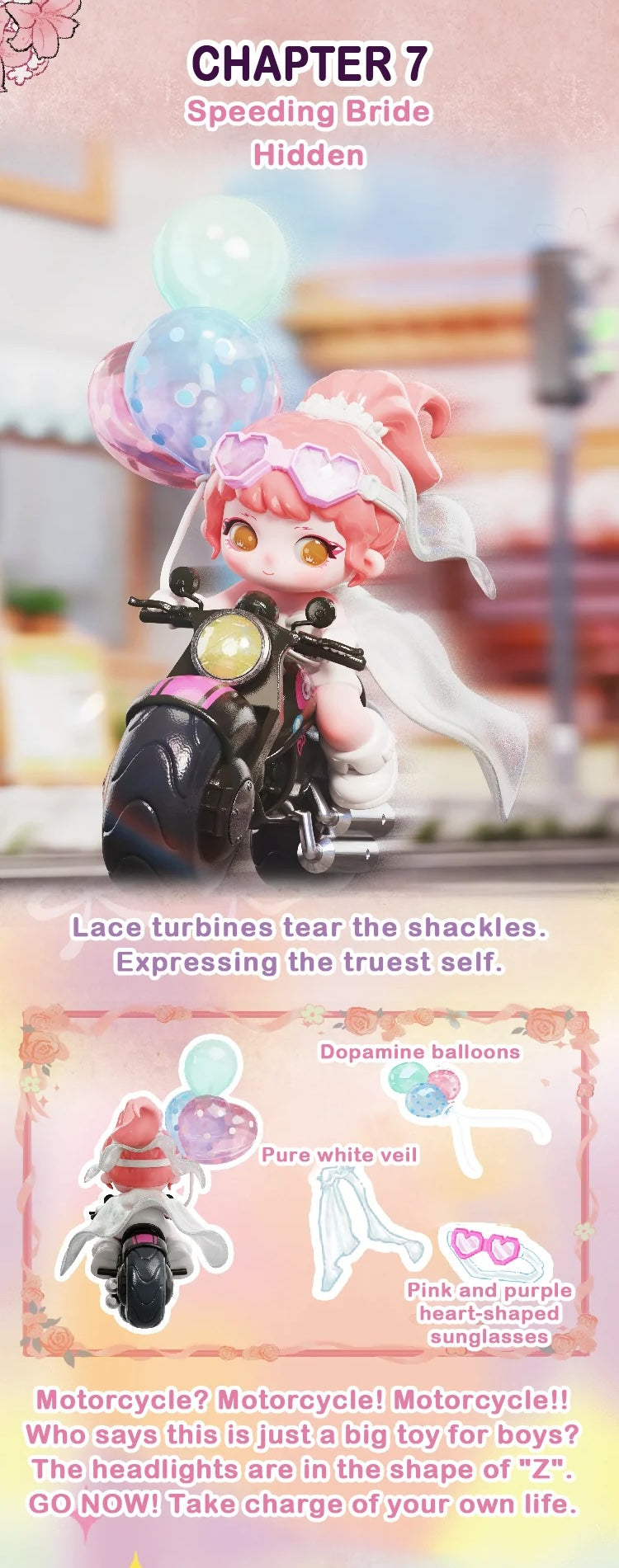 ZIYULI My Own Wedding Series Blind Box features a chibi bride on a mini-motorcycle with heart sunglasses and dopamine balloons, embodying empowerment and self-expression.