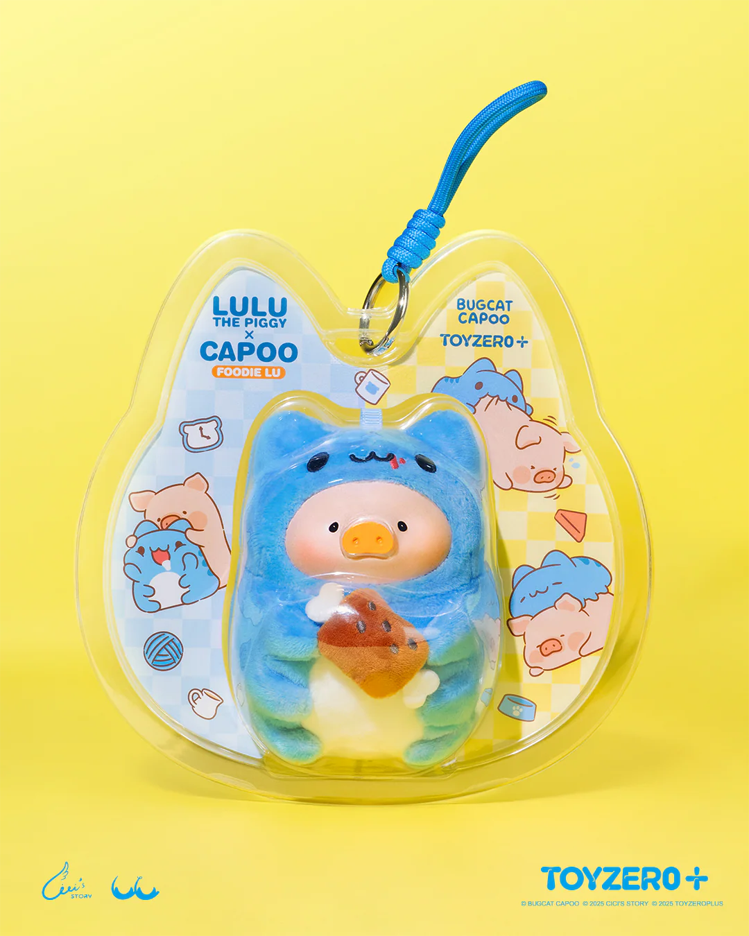 LuLu the Piggy x Capoo - Foodie Lu PVC Face Plush Keychain, featuring Lulu in a Bugcat Capoo costume with a tiny roasted chicken leg, in clear packaging.