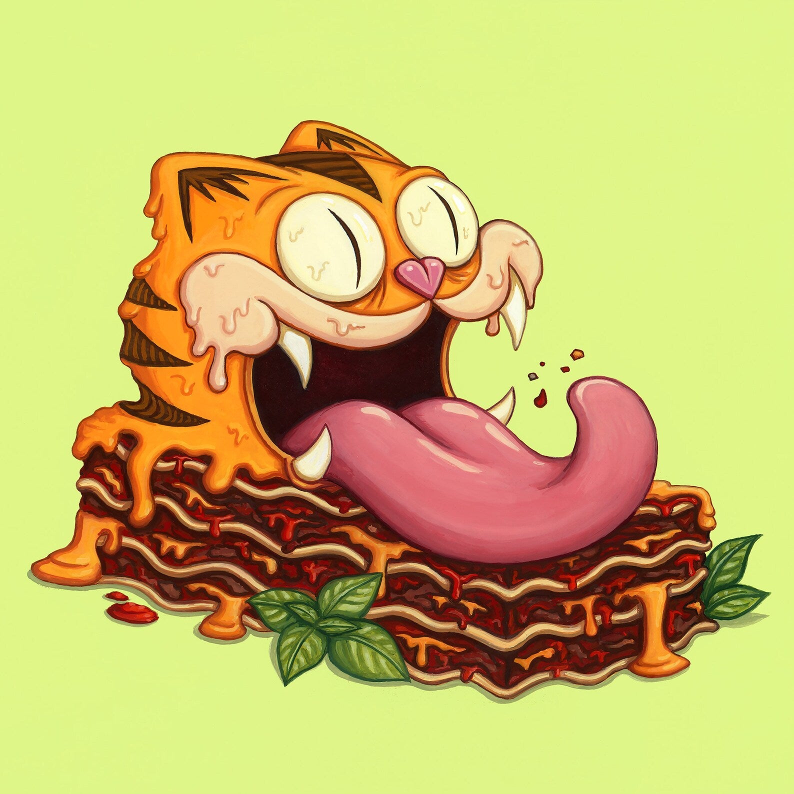 Cartoon cat eating, close-up of tongue and heart-shaped object, art print by Johnny Acurso.